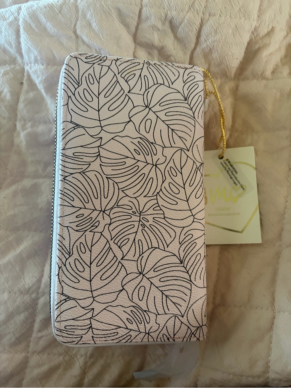 Banana Leaf Pattern Ivory Two Zip Around Wallet New with Tags